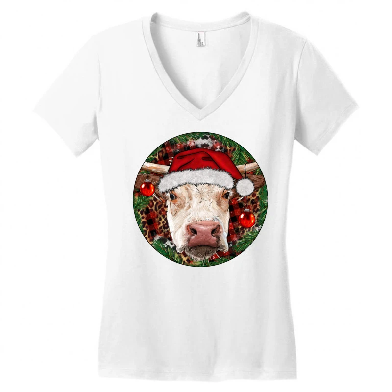 Hereford Cow Christmas Women's V-Neck T-Shirt 5 Hereford Cow Christmas Women's V-Neck T-Shirt - Image 3
