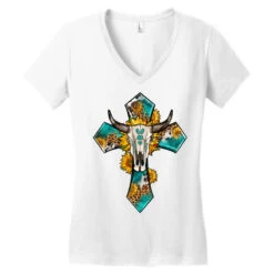 Western Bull Skull And Sunflowers Cross Women's V-Neck T-Shirt -DIOO Clothing Shop pd.2526678279.72.25095134.s3.1 front white ffffff none x0y0 138 800x800 1