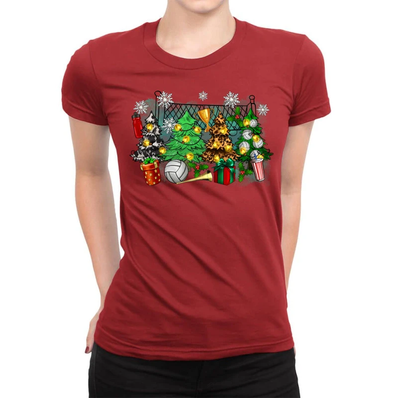 Christmas Trees With Volleyball Ladies Fitted T-Shirt 3 Christmas Trees With Volleyball Ladies Fitted T-Shirt