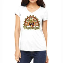 Turkey Rainbow Thankful Thanksgiving Women's V-Neck T-Shirt