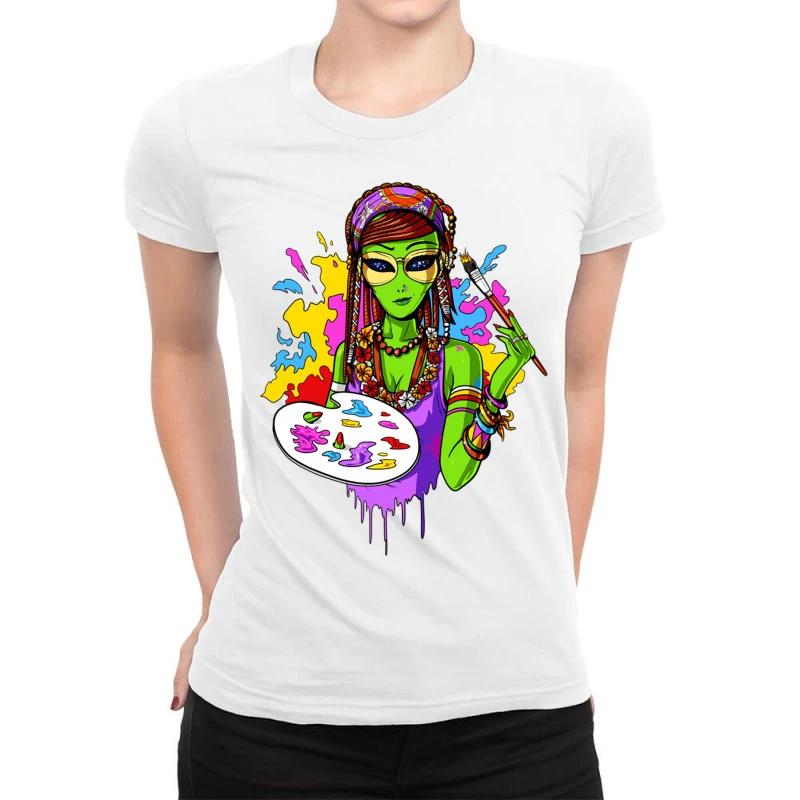 Hippie Alien Girl Psychedelic Painting Artist Ladies Fitted T-Shirt 3 Hippie Alien Girl Psychedelic Painting Artist Ladies Fitted T-Shirt