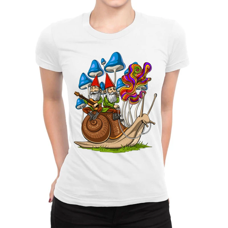Mushroom Gnomes On Snail Ladies Fitted T-Shirt 3 Mushroom Gnomes On Snail Ladies Fitted T-Shirt