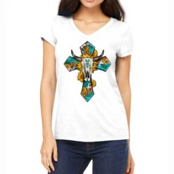 Western Bull Skull And Sunflowers Cross Women's V-Neck T-Shirt