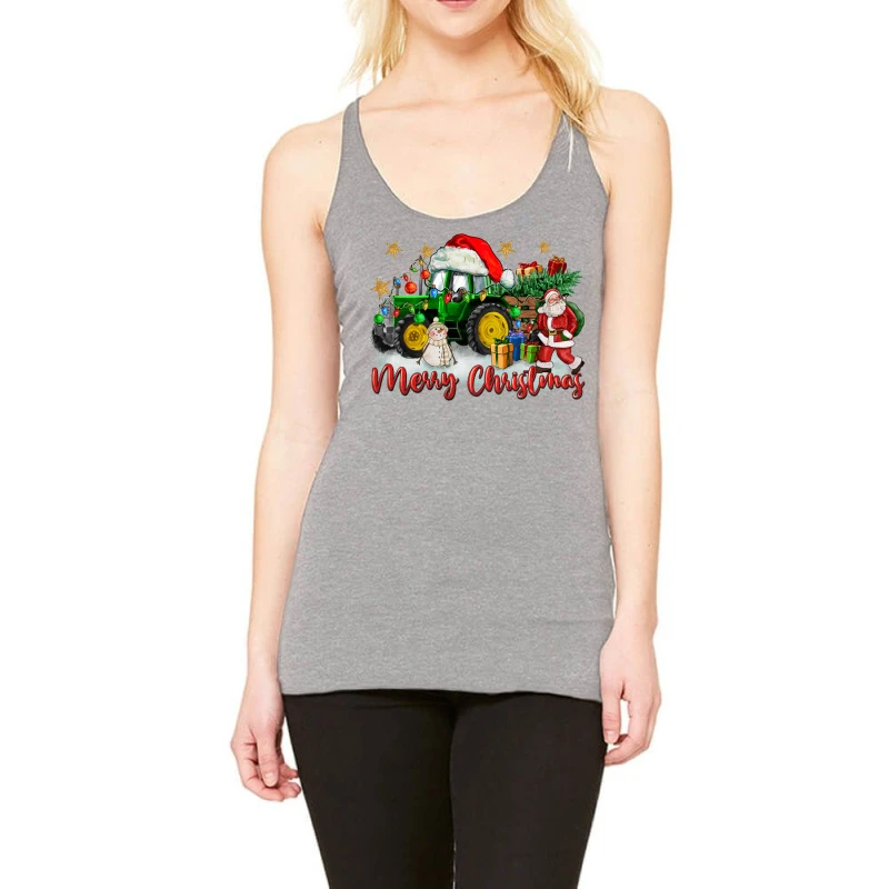 Christmas Green Tractor With Santa And Snowman Racerback Tank 3 Christmas Green Tractor With Santa And Snowman Racerback Tank