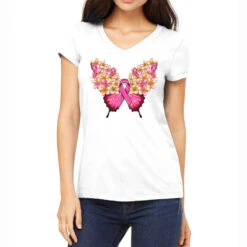 Pink Ribbon Breast Cancer Butterfly Women's V-Neck T-Shirt